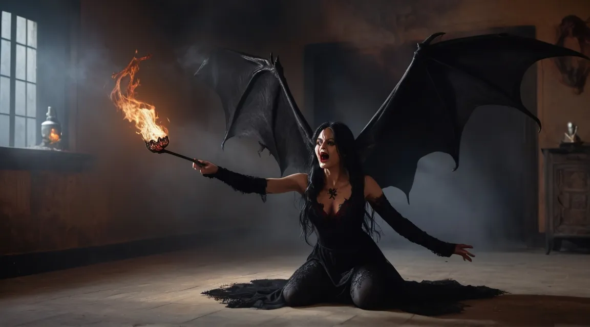 a woman dressed in black holding a burning bat