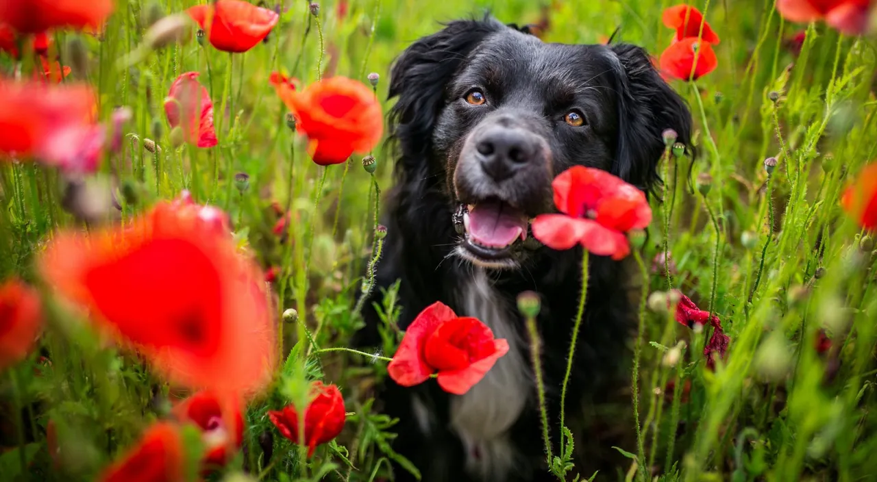 a black dog in a field of red flowers