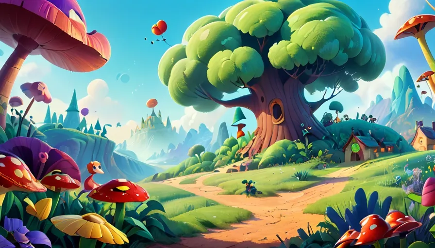 a painting of a forest with mushrooms and trees