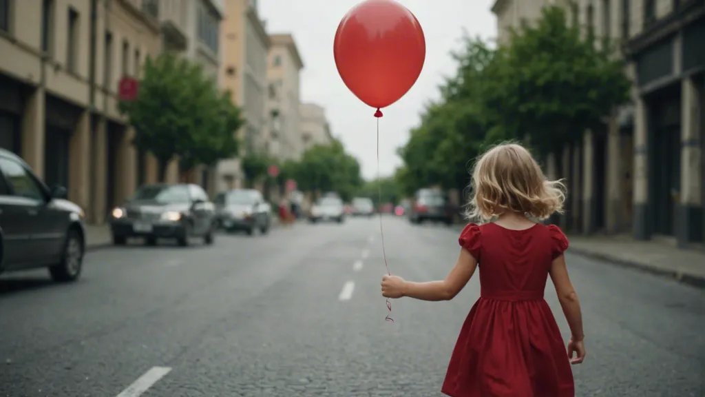 gloomy day a blond hair pretty little girl in red dress walking on the street with a red balloon in her hand