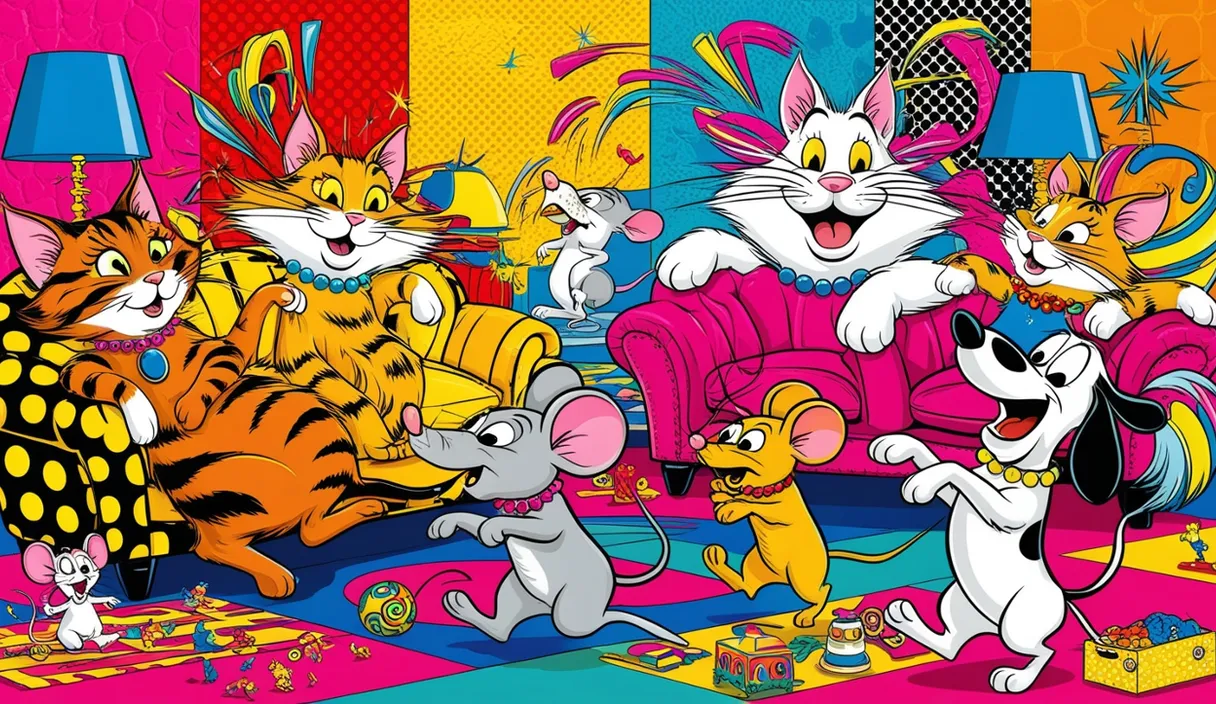 a group of cartoon cats playing with a mouse