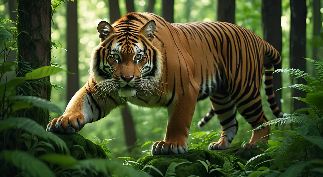 a tiger walking through a lush green forest