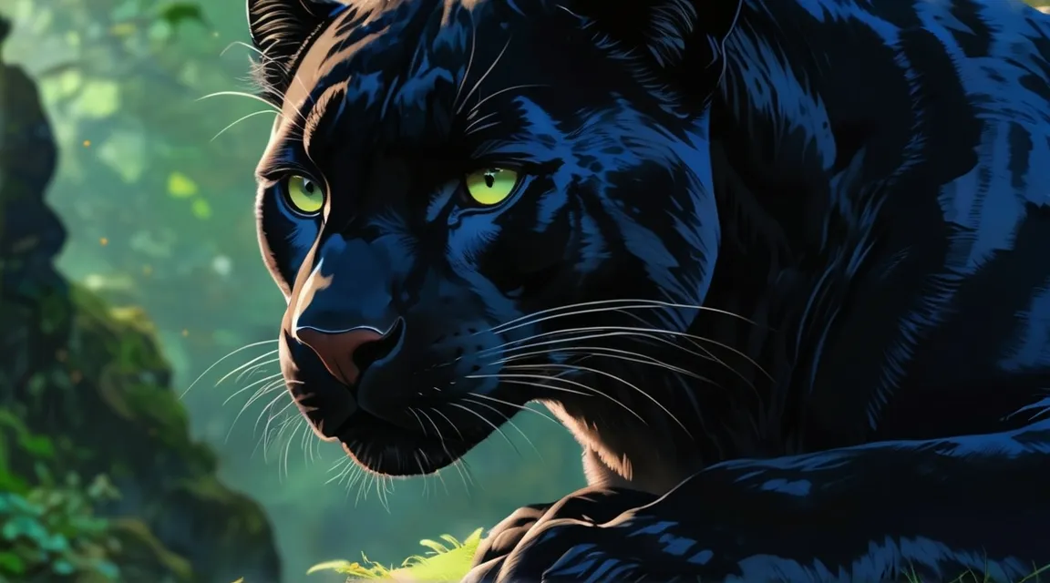 a close up of a black panther with green eyes