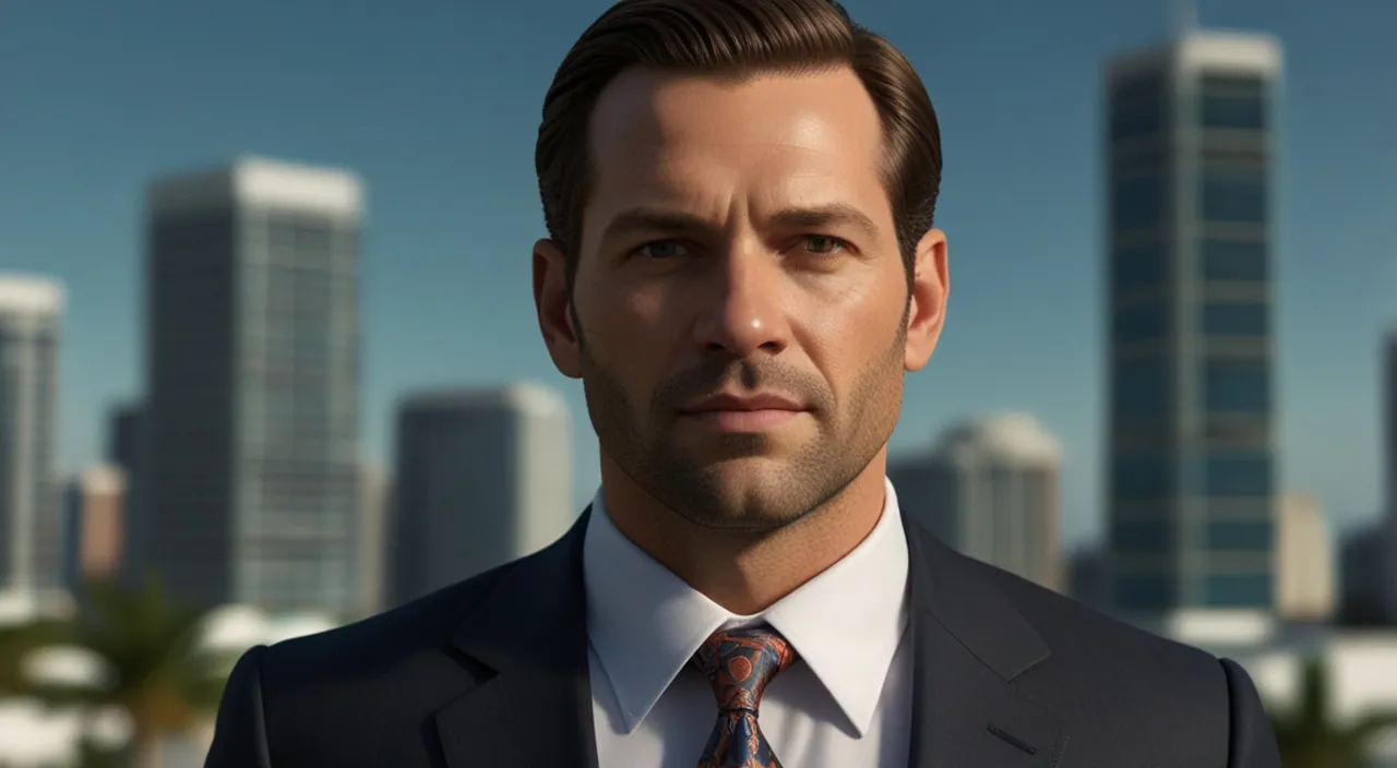 a man in a suit and tie standing in front of a city