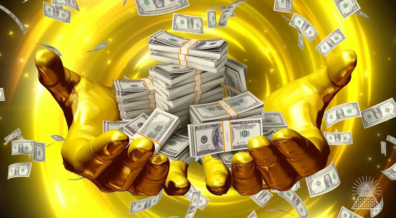 Create a falling money with golden background, 8k, size of 1920x1080, colorful
