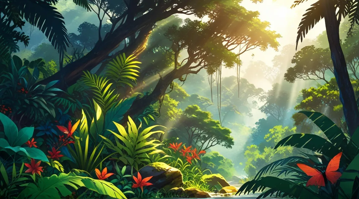 a painting of a jungle scene with sunlight streaming through the trees