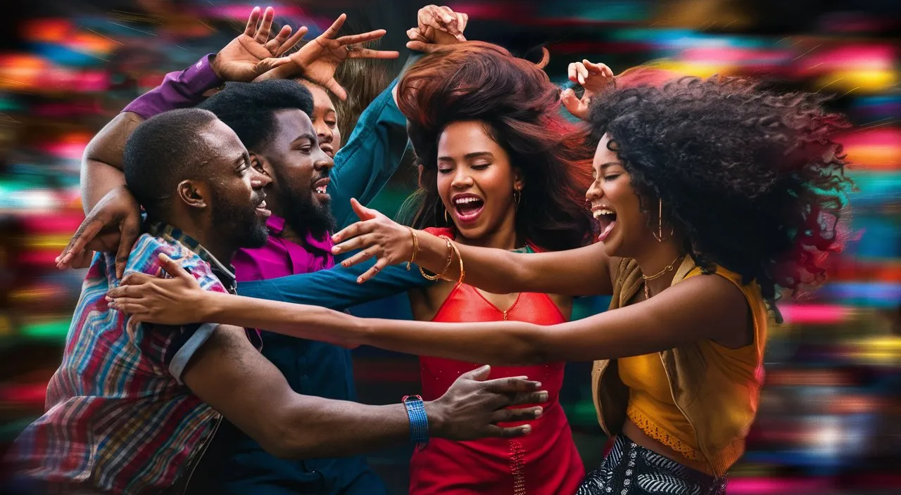 Scene: in the night club friends forgetting everything but the dance Characters: Friends deeply immersed Details: Faces full of passion, hands reaching out, background blur