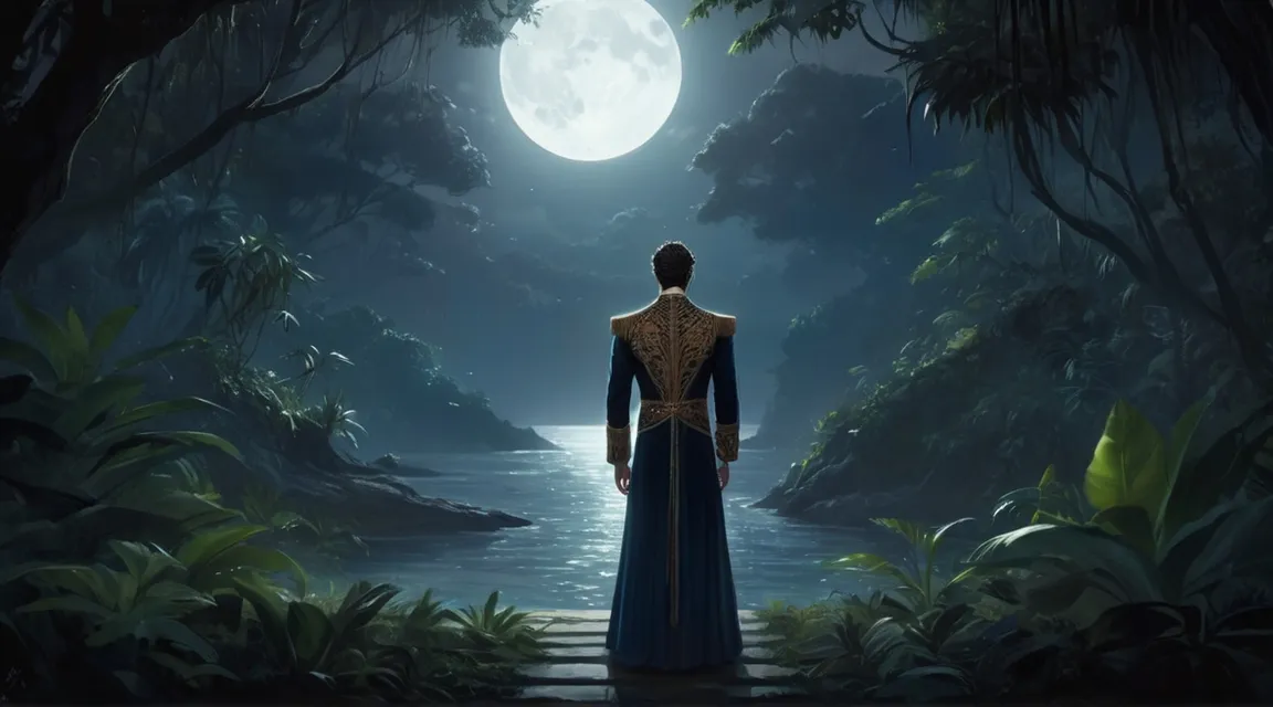 a man standing in the middle of a forest looking at the moon