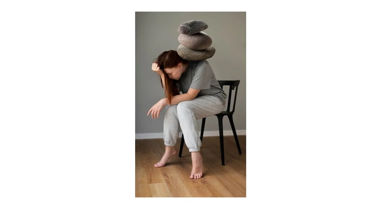 a woman sitting in a chair with stones on her shoulders