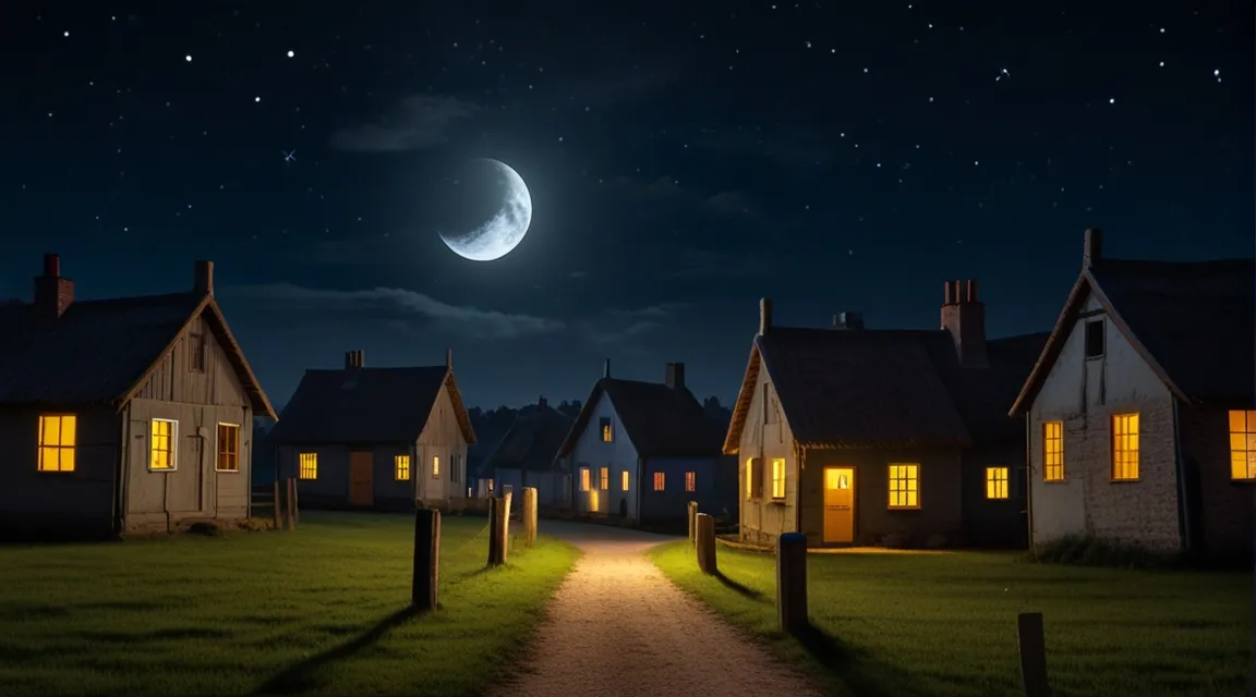 a night scene with a house and a full moon