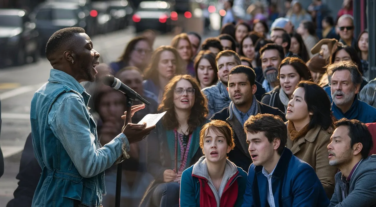 a man standing in front of a crowd of people