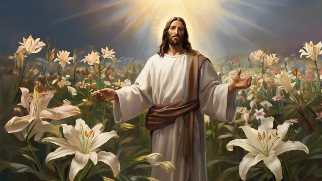 a painting of jesus standing in a field of flowers