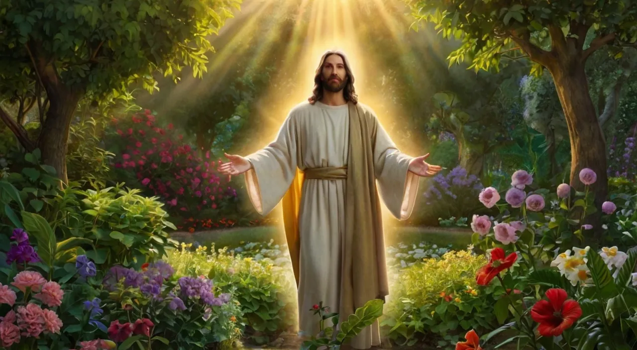 a painting of jesus standing in a garden