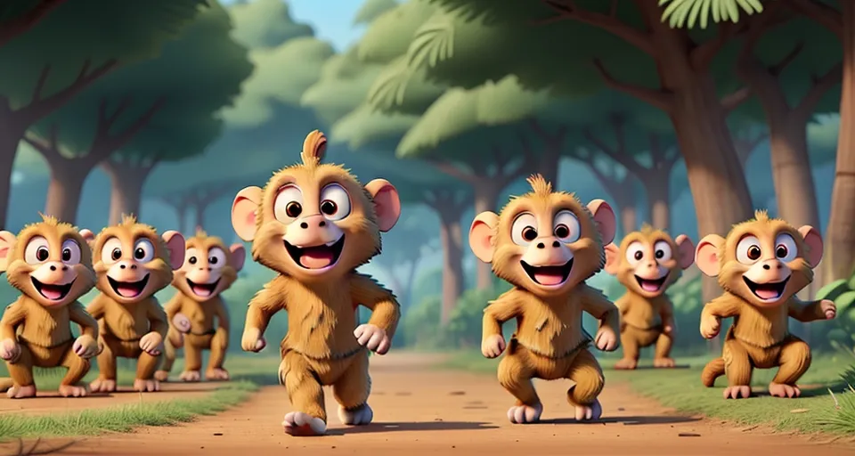 a group of monkeys running down a dirt road