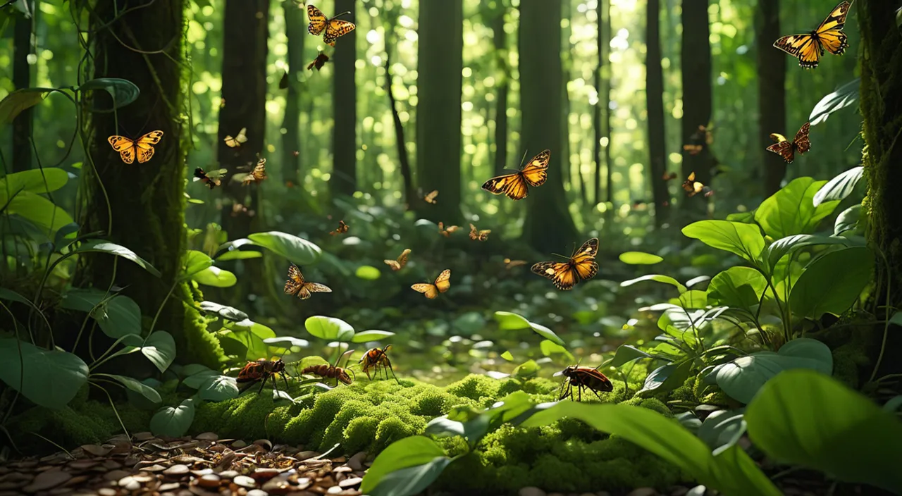 a forest filled with lots of green plants and lots of butterflies