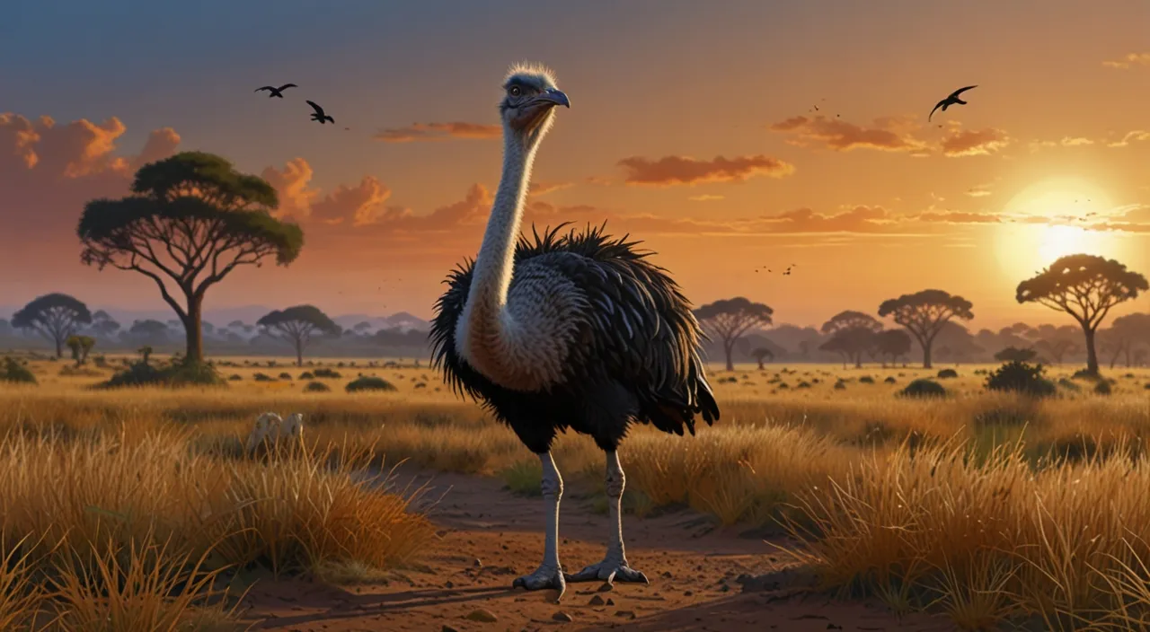 an ostrich standing on a dirt road at sunset