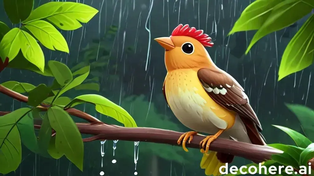 a bird sitting on a branch in the rain