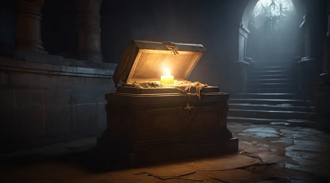 a casket with a lit candle inside of it