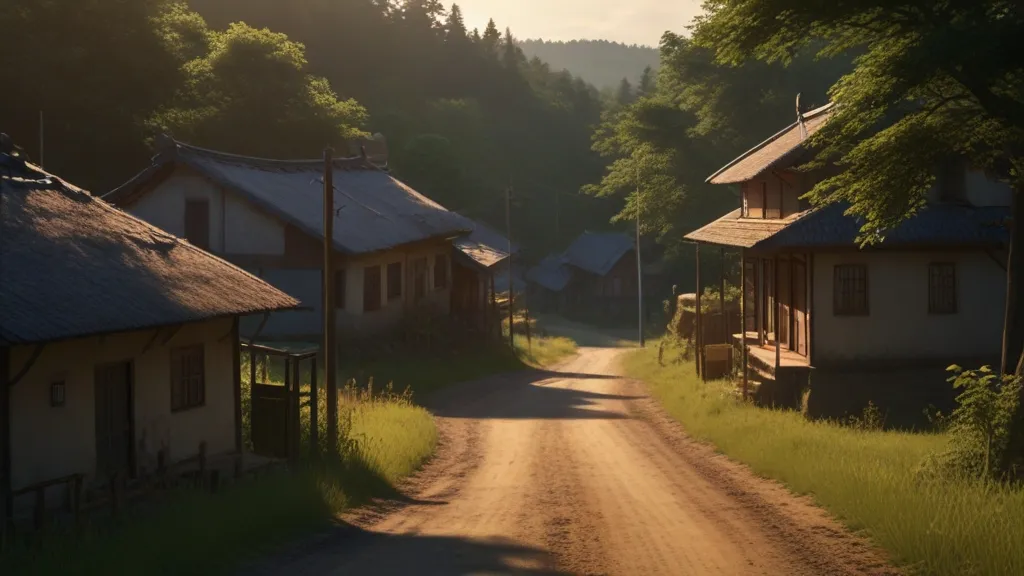 a dirt road with houses on both sides of it.anime