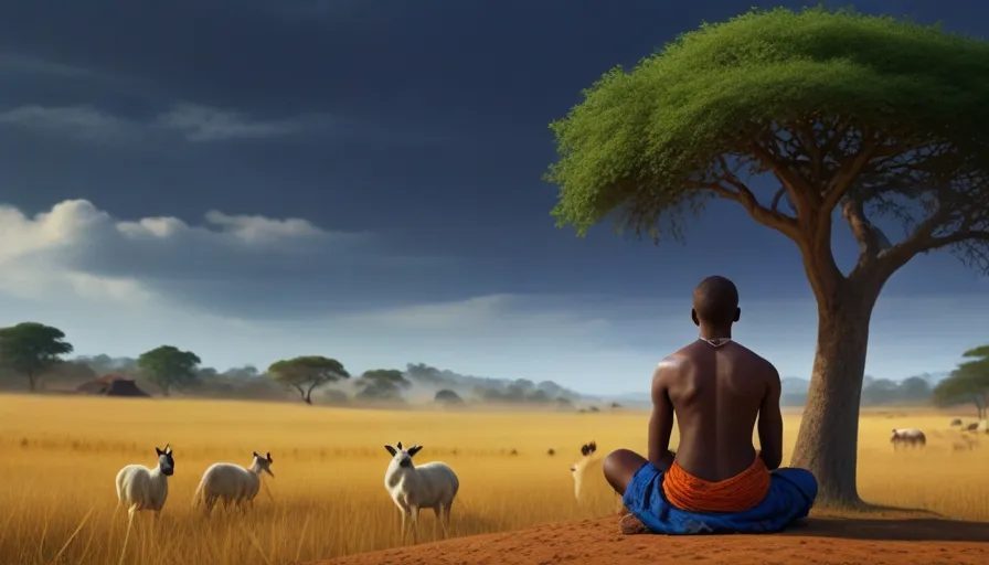 a man sitting under a tree in the middle of a field