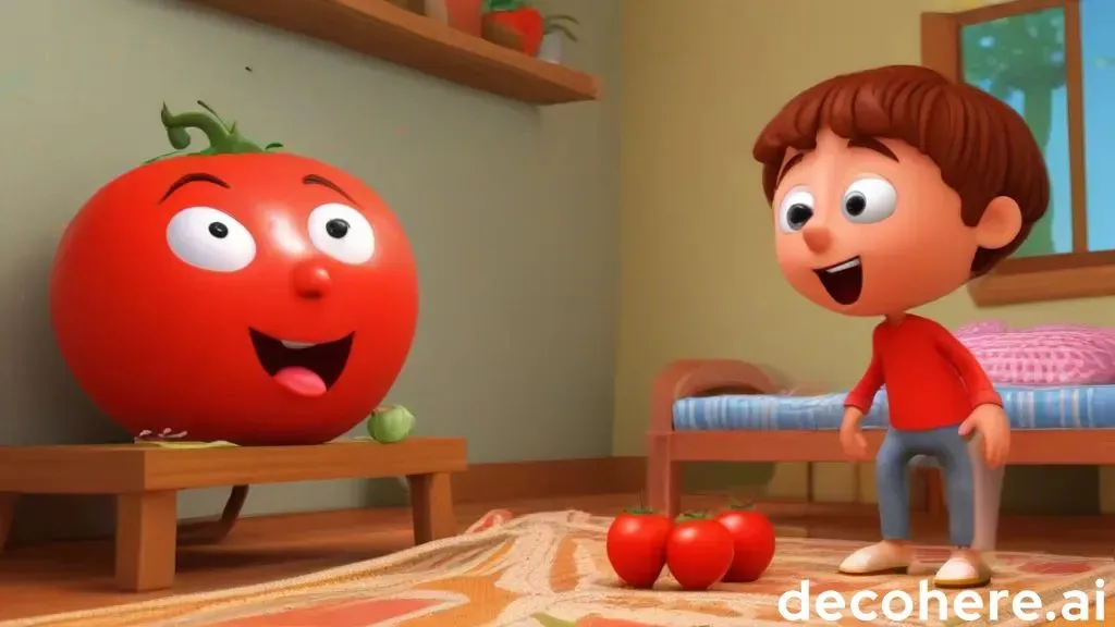 a boy standing in front of a bed next to a giant tomato