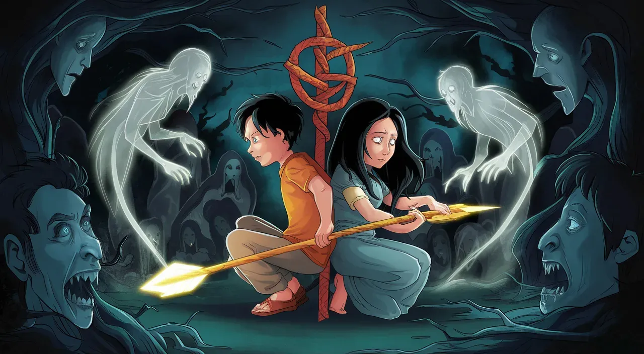 a cartoon of a boy and girl in a cave