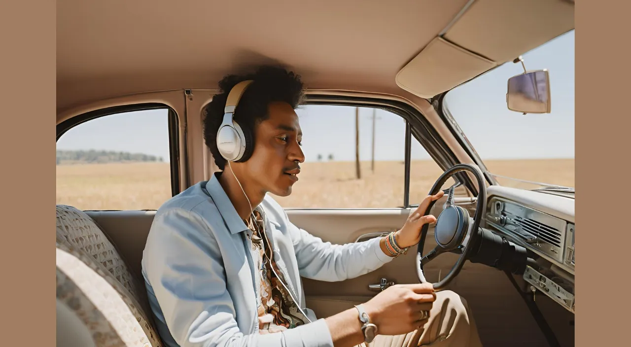 a man sitting in a car wearing headphones