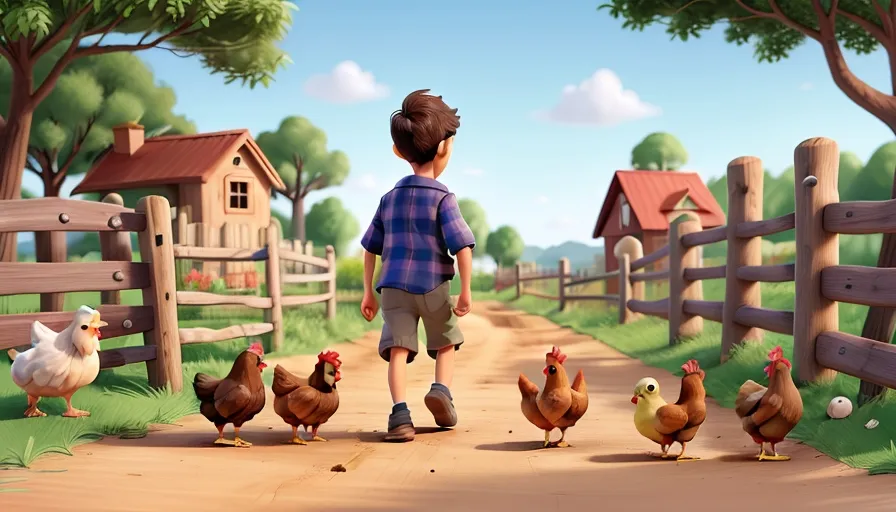 a little boy standing in front of a bunch of chickens next to a wooden fence