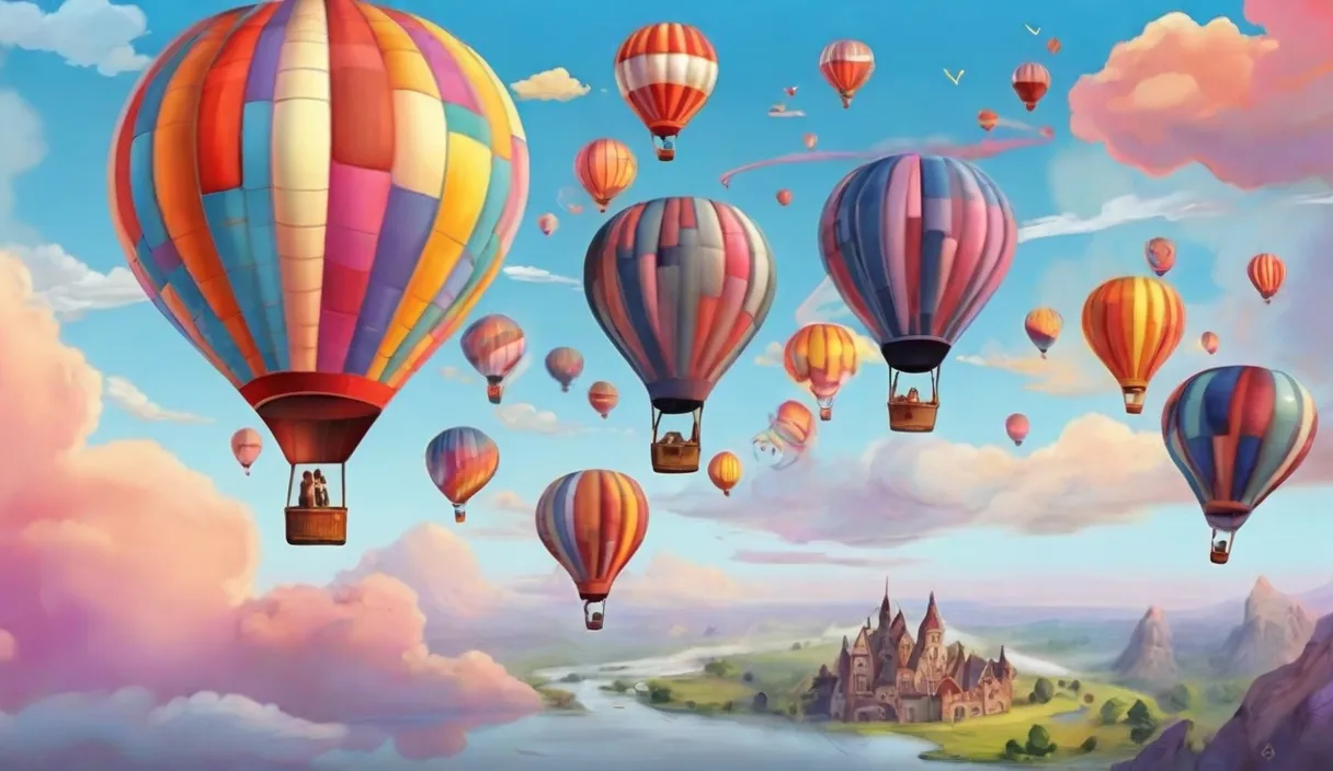 a painting of hot air balloons flying over a castle.cartoon