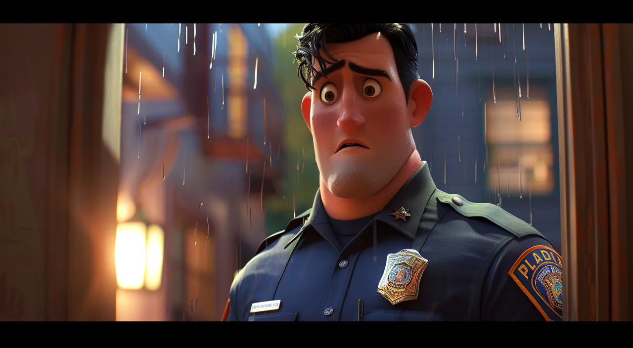 A police officer standing in a small, dimly lit office, looking out a rain-soaked window with a frustrated expression, the world outside blurred by rain