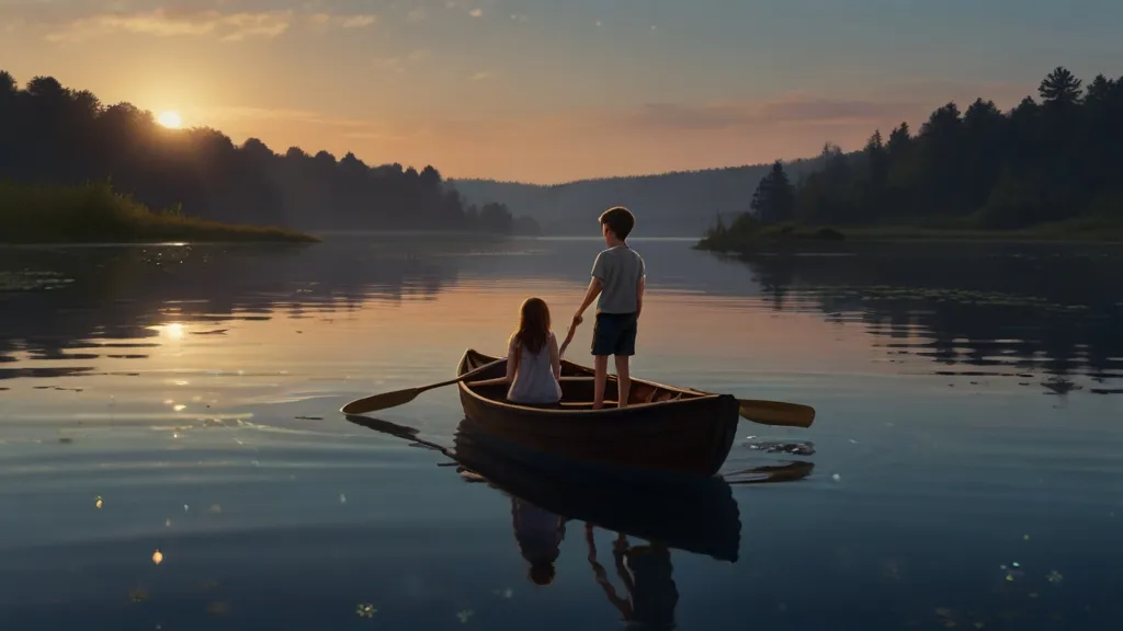 a man and a little girl in a boat on a lake