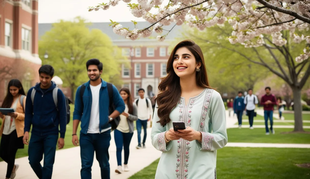 Campus Serenade: On a university campus, a Pakistani girl walking under a blossoming tree, a Bollywood song softly playing from her phone. The 4K wide shot captures students walking by and studying, but her smile and dreamy gaze reveal she is thinking about her boyfriend, who is attending a university in the United States, lost in her own romantic world.