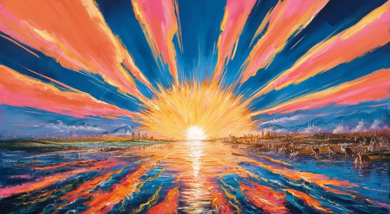 a painting of a sunset over a body of water