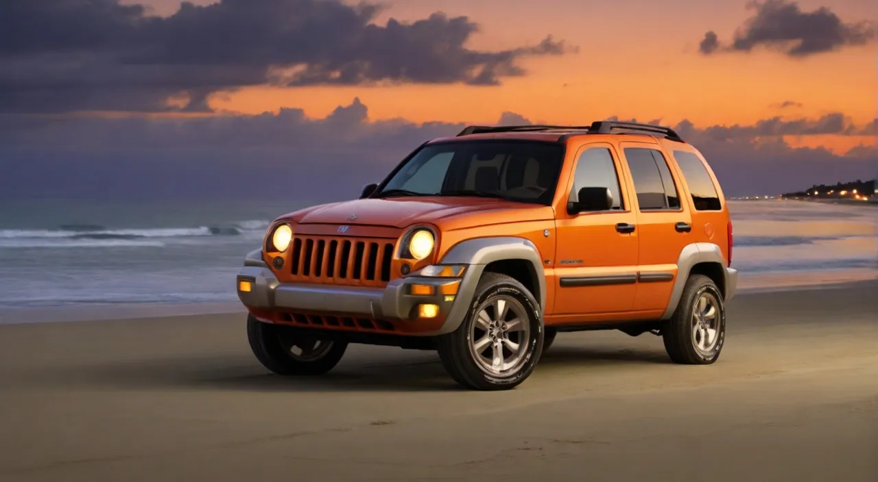 an orange 2006 jeep liberty is running on the beach at sunset