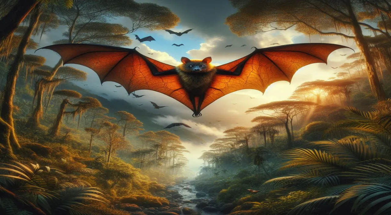 a painting of a bat flying over a forest