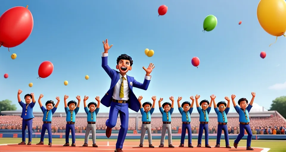 a man in a suit and tie juggling balls in front of a group of doing fun, shouting, jumping, moving, balloons flying, nice sky, white cloud going in sky, all people enjoying, fantastic scene, all faces normal looking beautiful, sunnyday.