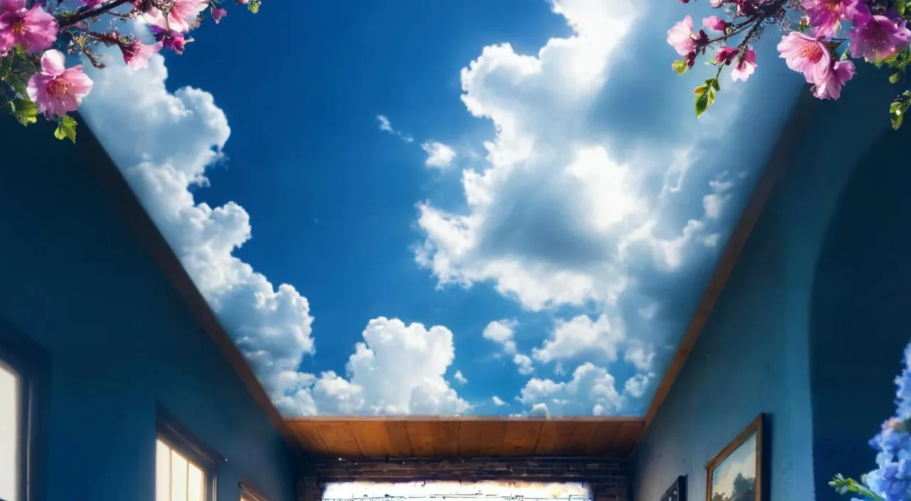 a room with a sky and clouds painted on the ceiling