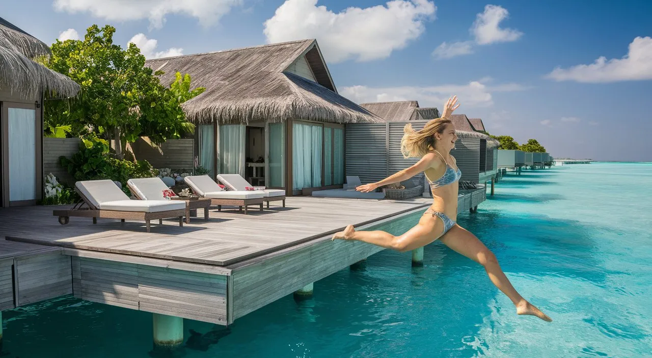 a woman jumping off a dock into the Maldivian ocean