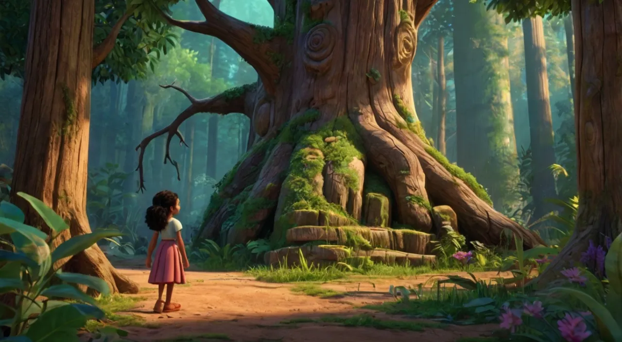 A giant tree with a wise expression, poses his riddle. Meera the young girl thinks for a moment and then answers with a smile.