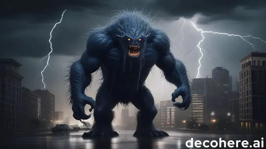 a giant monster with lightning in the background