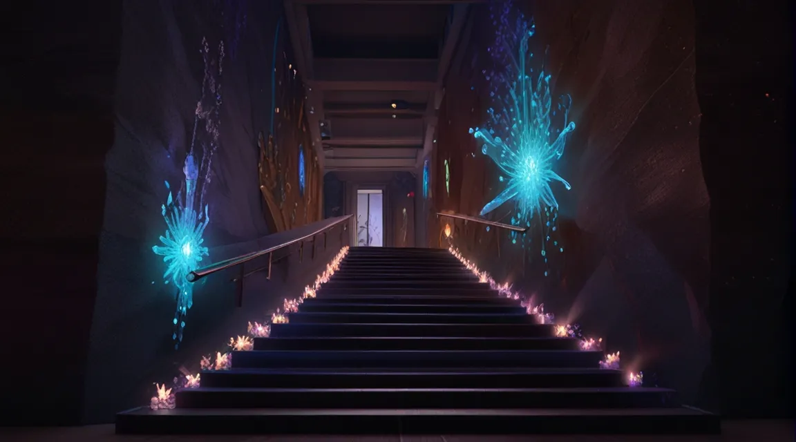 a set of stairs lit up with blue lights