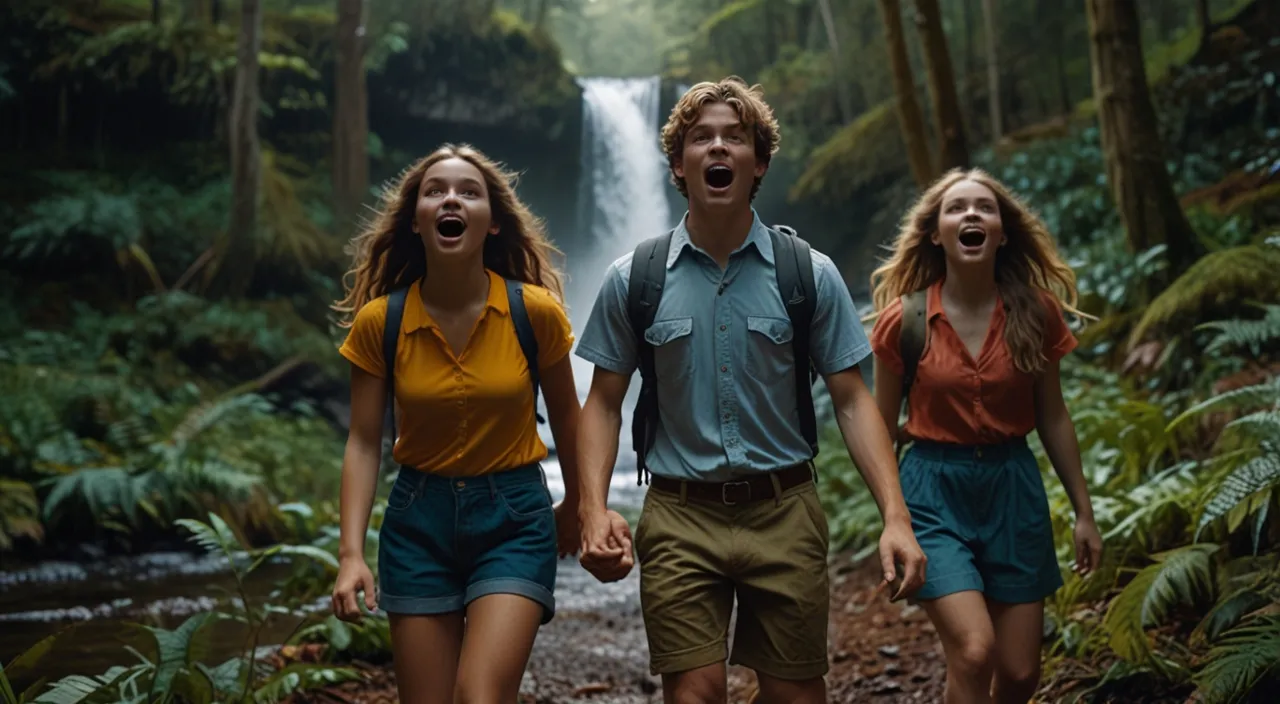 The group of four friends - Jake, Maya, Ben, and Emma - hurrying through the forest towards the waterfall. The camera follows them, capturing their excitement and curiosity.