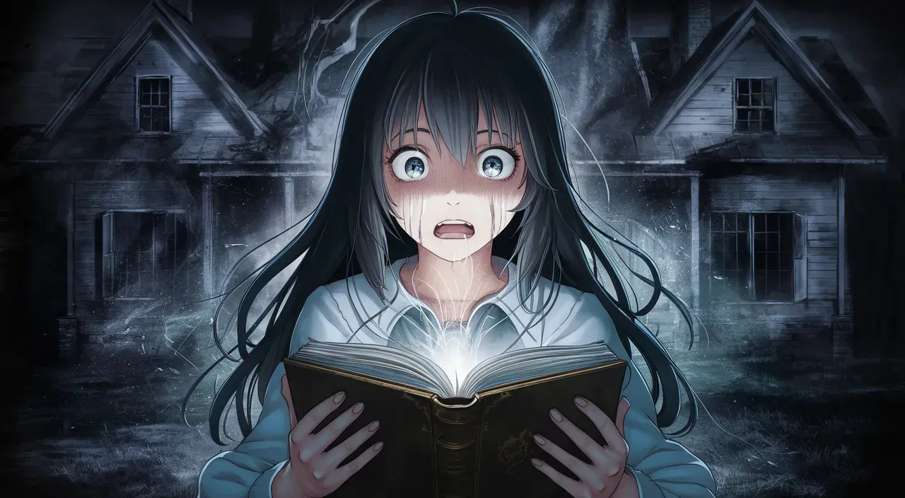 a girl reading a book in front of a creepy house