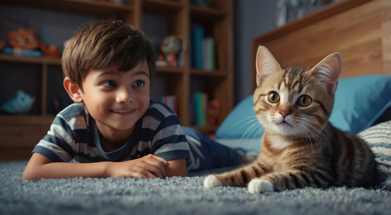 a little boy laying on the floor next to a cat