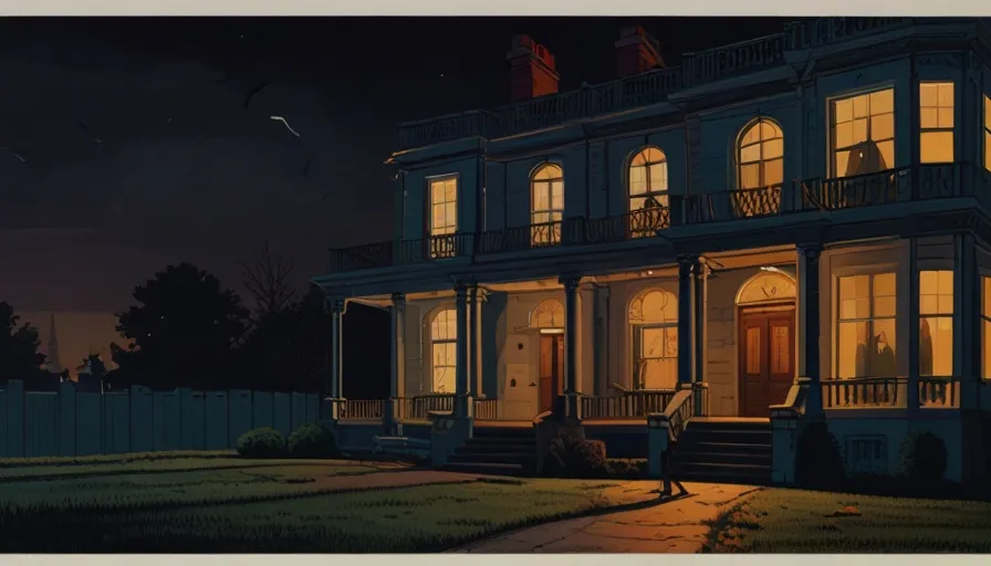 a painting of a large house at night