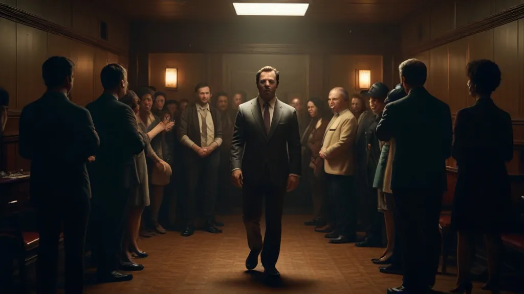 a man in a suit enters  in room in front of a group of people