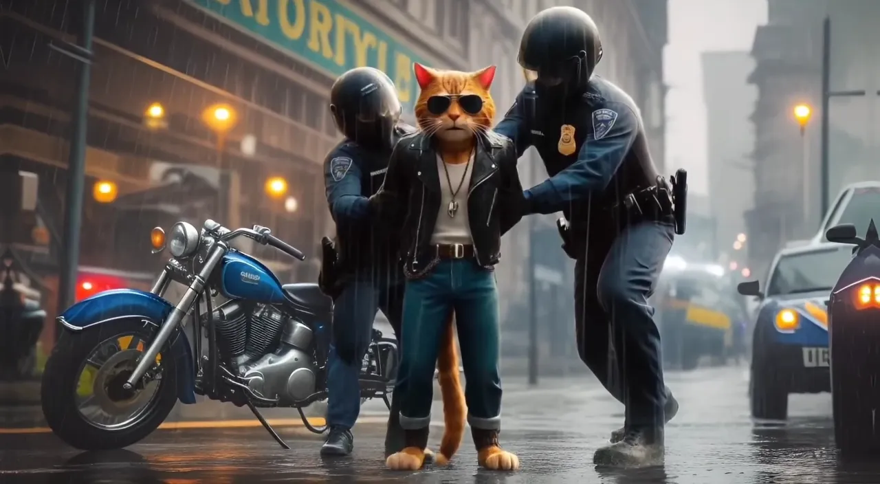 a group of people standing next to a cat on a motorcycle