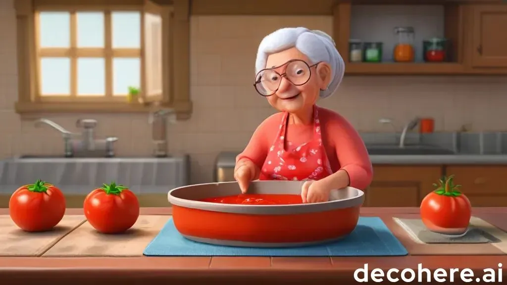 an old woman is cooking tomatoes in the kitchen