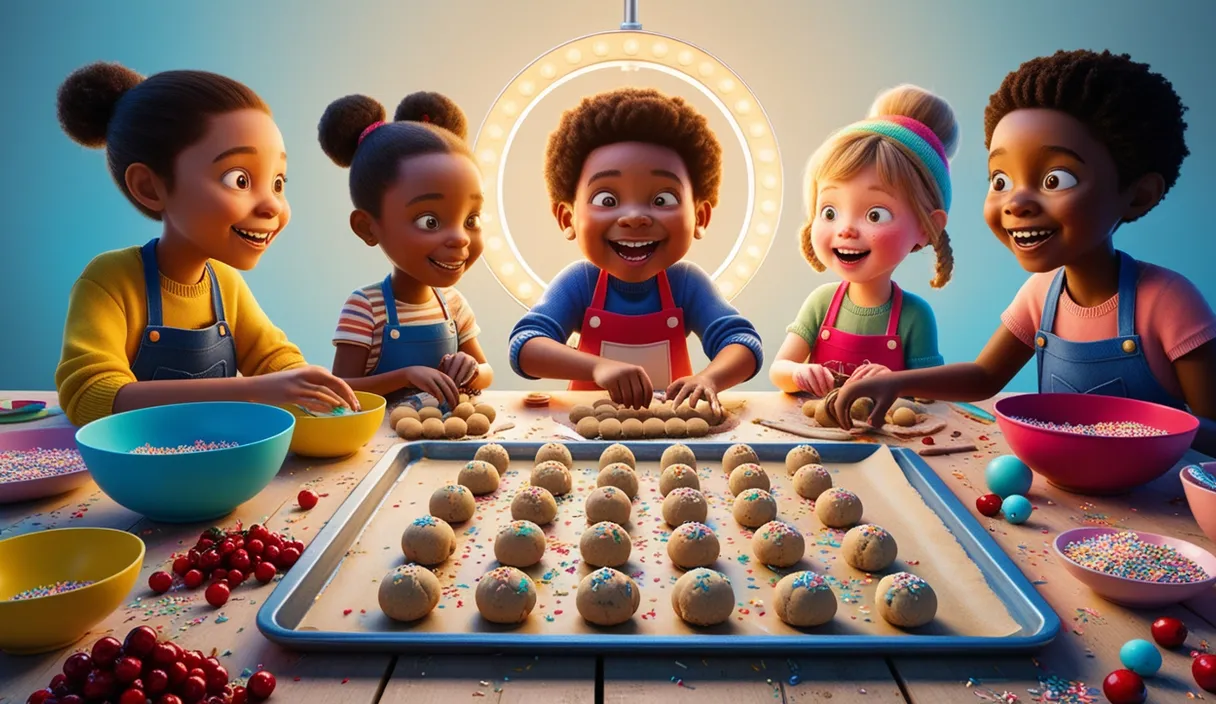 a group of children standing around a table with doughnuts