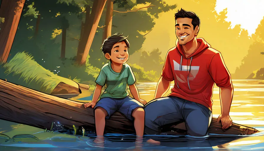 a smiling man and a boy sitting on a log in a river